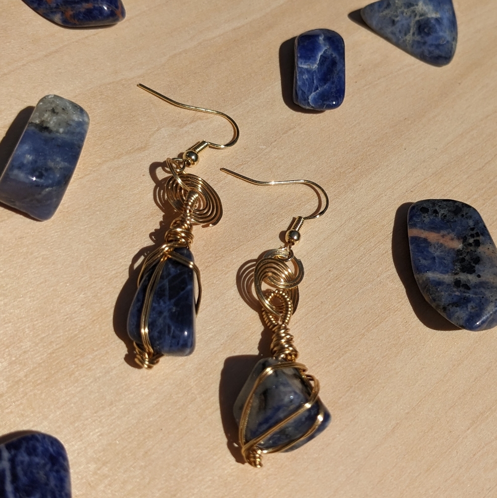 Sodalite Crystals Earrings Gold Hoops Wire Wrapped Handmade Crystals Gemstone - Picture 9 of 16